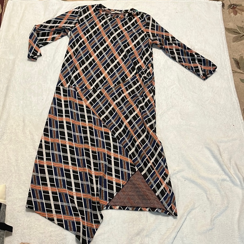 Zara Asymmetrical Hemline Checked Striped Midi Dress